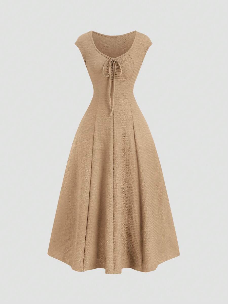 Sweetra Solid Color Waist Tie Fitted Knit Maxi Dress, European And American Style - Camel - View 1