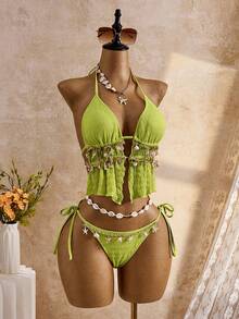 Bellisia Conjunto de top corto y tankini de jacquard texturizado para vacaciones de primavera/verano en la playa - Verde - Ver 3