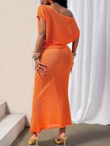 Glyssa 两件套度假装：露脐针织上衣（不对称肩部设计）和高腰紧身迷你裙，浅蓝色，适合泳池派对、约会、拍照等场合。 - 橘色 - 查看 2