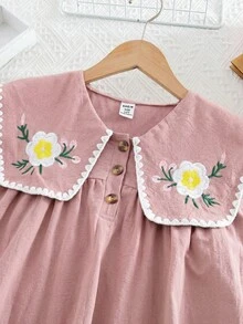 SHEIN Tween Girls/Tween Girl Girls Pastoral Floral Embroidered Pattern Ruffle Collar Puff Sleeve Dress,Versatile Round Neck Trim Contrast Color - Pink - View 6