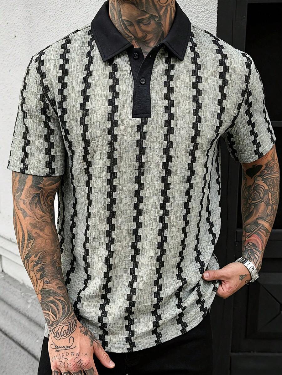 Manfinity CasualCool 男士撞色 Polo 衫，复古几何提花休闲上衣 - 橄欖綠 - 查看 1