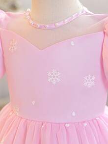Glamorique Kids 女童粉色蝴蝶结雪花印花薄纱缎面连衣裙，可爱公主裙，儿童生日派对礼服，婚礼宾客礼服，手工串珠蓬蓬裙 - 粉色 - 查看 5