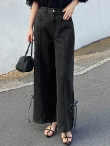 Dazy Tall Quần jeans nữ cao, dáng suông, xẻ tà bên hông, buộc dây, màu đen. - màu đen - Xem 3