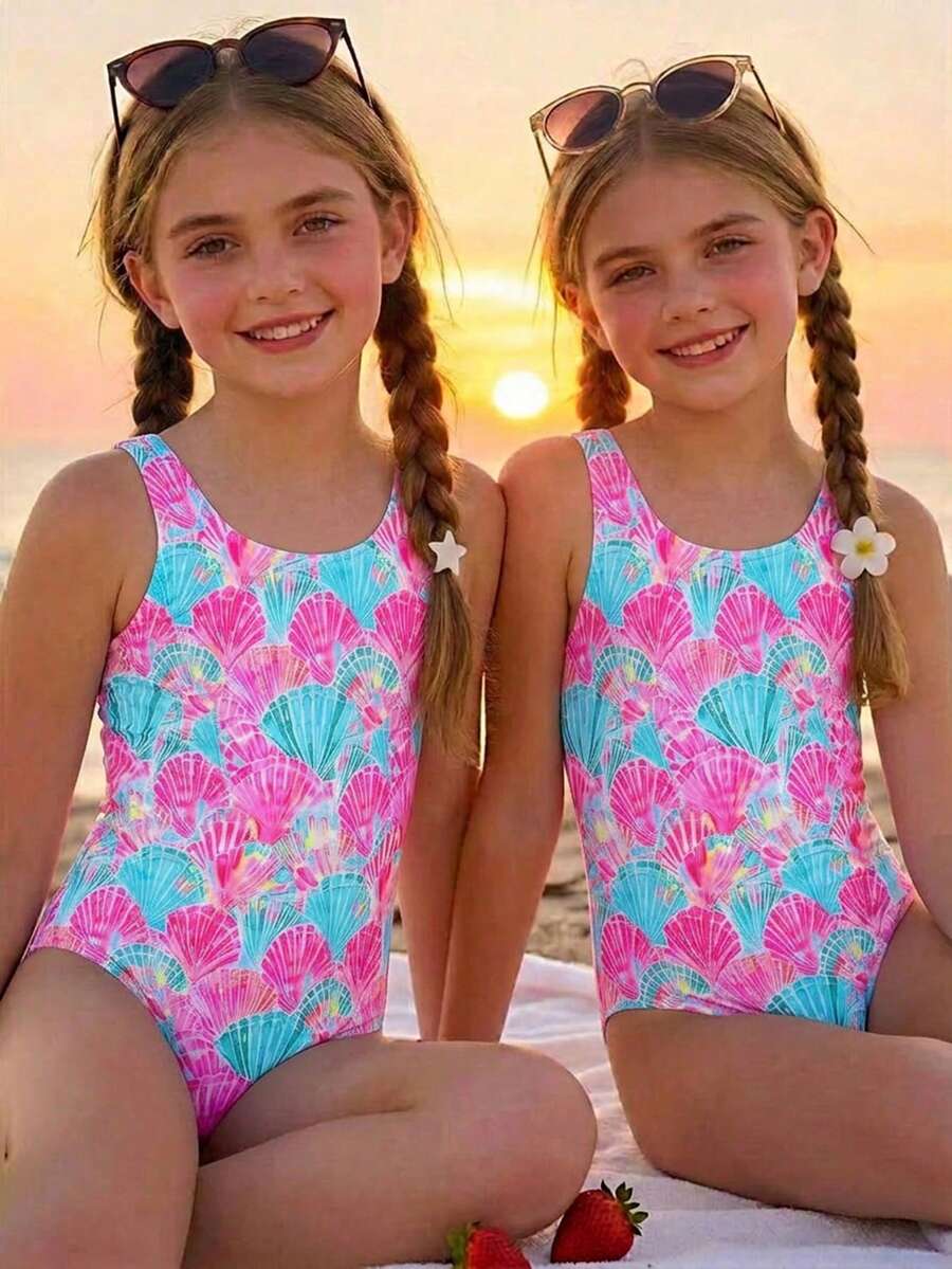 SHEIN Tween Girl Shell Print One-Piece Swimsuit, Criss-Cross Back Design, Round Neck, Fashionable, Casual, Elegant, Suitable For Swimming, Summer Vacation, Beach Swimsuits For Kids Girls Swimsuits Swimsuit For Tweens Bathing Suits For Teens Full Coverage - Multicolor - View 1