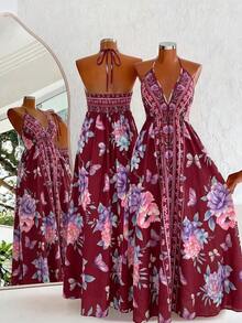 SHEIN Sweetro Váy slip đi biển in họa tiết phong cách Bohemian - Màu Đỏ Sâu - Xem 1