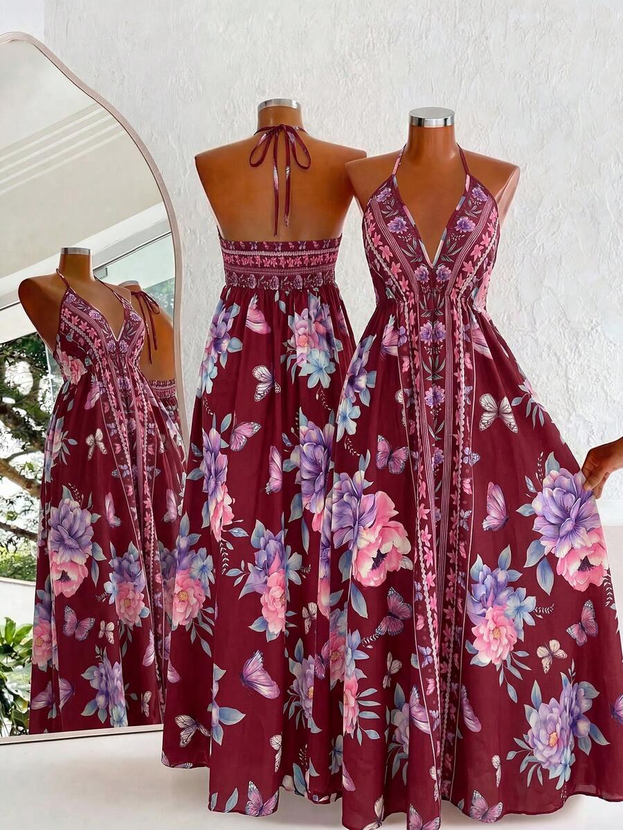 SHEIN Sweetro Váy slip đi biển in họa tiết phong cách Bohemian - Màu Đỏ Sâu - Xem 1