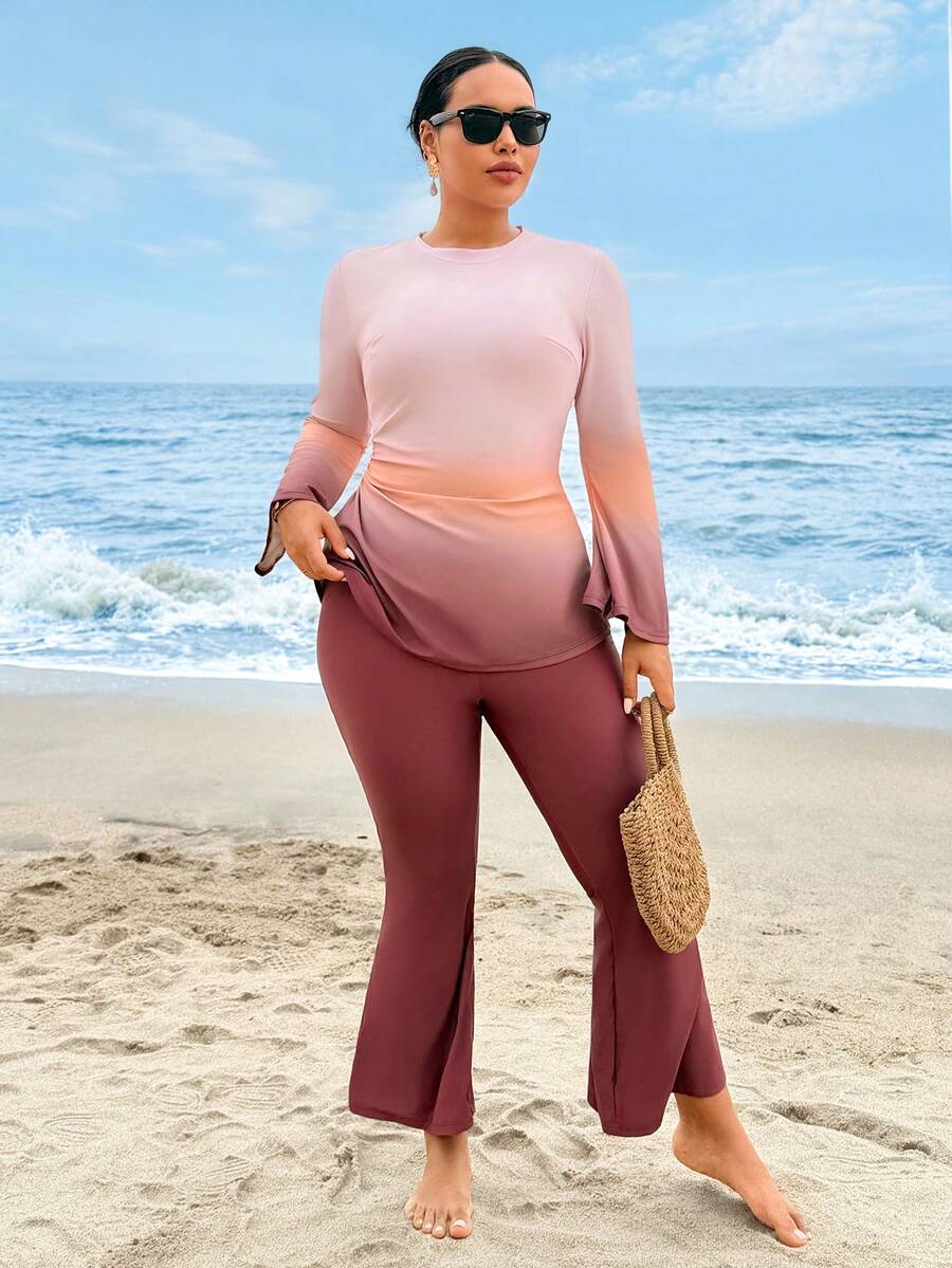 Swim Mulvari Set de 2 piezas de top de manga larga y pantalones con estampado de ubicación de tela de punto de talla grande, estilo estilizante de Oriente Medio - Multicolor - Ver 1