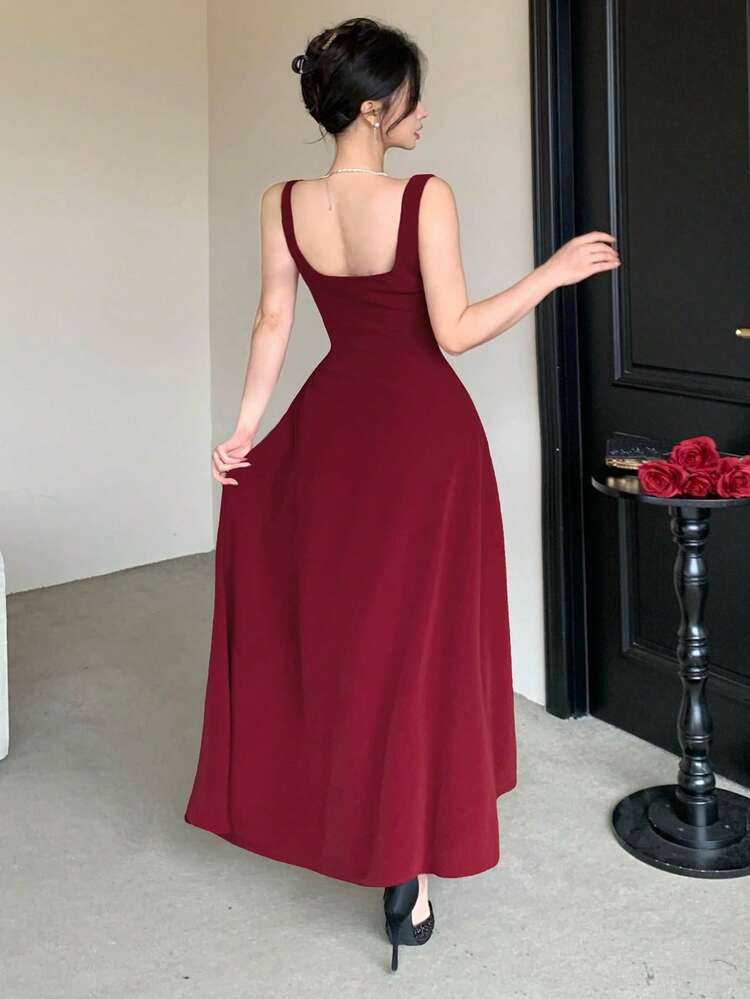 Waist Cinched Flared Hem Midi Dress, Wine Red, For Spring & Summer Sun Dresses For Women