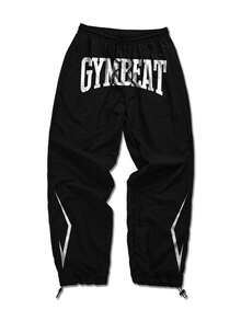GymBeat Men's Woven Letter Graphic Drawstring Waist Sports Pants, Gym - Black - View 3