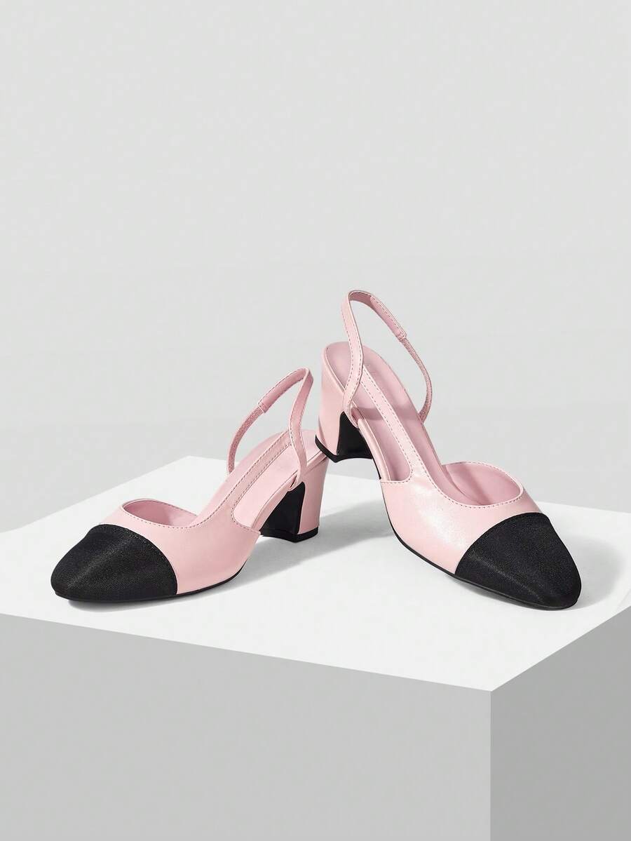 MOTF WOMEN'S NEW SIDE CUTOUT PATCHWORK ROUND TOE CHUNKY HEEL PUMPS PINK VERSATILE FOR DATE AND AFTERNOON TEA - Light pink. - View 2