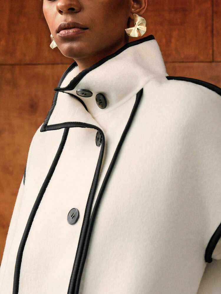 WOOL CONTRAST PIPING HIGH NECK SINGLE BREASTED PLACKET OVERCOAT