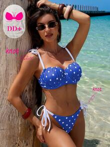 Swim DD+ 女款性感 DD+ 托高鋼圈比基尼套裝，貝殼造型胸部綁帶 + 腰部綁帶，海灘度假風，春夏季 - 藍白色 - 查看 4