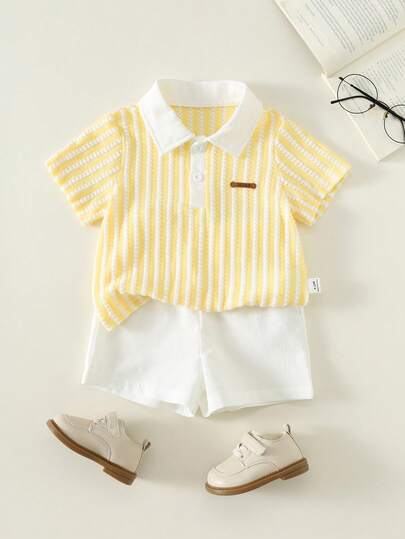 SHEIN 2pcs Baby/Baby Boy Casual Cute Short Sleeve Polo Shirt And Shorts Set, Baby Outfit Sets, Baby Summer Clothes