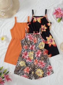 SHEIN Bộ 3 món áo liền quần và quần short in hoa mùa hè cho bé gái, trang phục thường ngày tối giản, đa năng, phù hợp cho hoạt động ngoài trời, sự kiện, tiệc tùng và mặc hàng ngày. - Nhiều màu - Xem 2