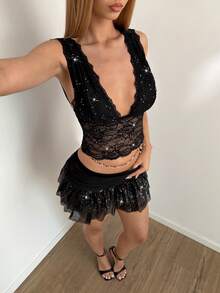 SHEIN DivaQ Women's Floral Lace Sequin Design Deep V-Neck Cropped Sexy Camisole - Black - View 5