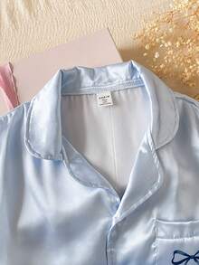 SHEIN 少女纯蓝色简约优雅短裤短袖休闲宽松两件套睡衣 - 藍色 - 查看 3