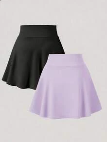 SHEIN 女童休闲百搭运动、瑜伽、芭蕾舞、学校紧身裤短裤裙，春夏款 - 紫色 - 查看 2