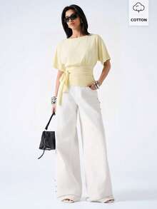 LYSMO Women's Casual Pale Yellow Solid Color Twist Pleated Waist T-Shirt, Suitable For Daily Commute,Summer Top - Light Yellow - View 3