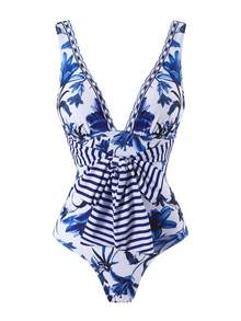 Bonvoyette Deep V-Neck Printed Tie-Waist One-Piece Swimsuit With Mesh Printed Skirt, Women Premium Set - Multicolor - View 6