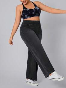 SHEIN CURVE+ Quần jean denim dệt kim màu trơn co giãn dành cho nữ cỡ lớn, kiểu dáng thường ngày. - Màu xám đen - Xem 5