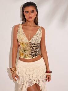 SHEIN BAE Áo hai dây nữ in họa tiết ren phối nhiều mảnh - Màu vàng - Xem 7