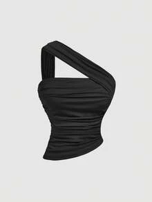 SHEIN MOD 2件套/不对称肩部/不对称褶皱酒红色吊带衫 - 紅色和黑色 - 查看 6
