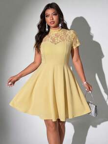 Viva Relle Plus Size Women's Elegant Lace Patchwork Short Sleeve Party Dress - Yellow - View 2