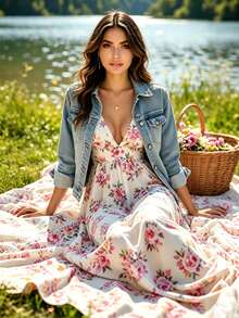 Women's V-Neck Floral Print Dress With Spaghetti Straps - White - View 5