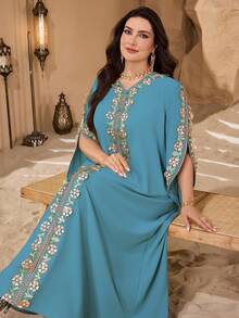 Al Najma Plus Size Solid Color Lace Trim Women Turkish Long Tunic, Arabic Traditional Long Dress - Teal Blue - View 1