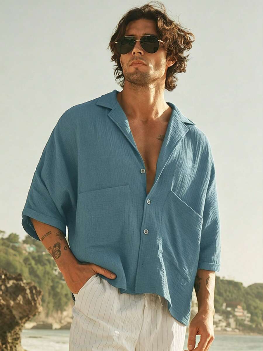 HIMLAND Men's Khaki Short-Sleeve Button-Up Shirt. Relaxed Fit, Classic Collar, Chest Pockets. Versatile For Beach Vacations & - Royal Blue - View 1