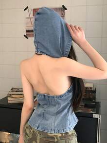 DAZY 女士前拉链露背连帽牛仔上衣 - 淺色水洗藍 - 查看 6