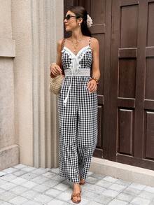 Serisse Women's Vacation Plaid Patchwork Fringe Design Jumpsuit - Black and White - View 6