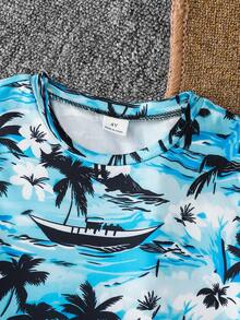 SHEIN 两件套男童海浪、小船、棕榈树印花柔软针织短袖圆领T恤和短裤套装，适合夏季休闲和度假穿着。 - 彩色 - 查看 5