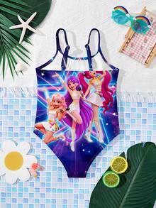 SHEIN 少女休闲简约卡通女孩肖像泳衣，色彩鲜艳清爽，K-Pop 超级明星图案，连体泳衣，适合夏季穿着 - 彩色 - 查看 2