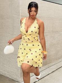 Firerie Robe mini de plage élégante pour femmes grandes tailles, avec col drapé et bretelles nouées, imprimé de pois, pour les vacances - Jaune citron - Voir 5