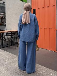 Joudiya Women's Loose Casual Denim Set, Spring & Summer - Blue - View 2