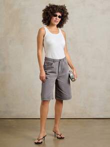 Rouah Damen Einteiler Strapazierfähige Baumwolle Denim Mittlere Taille Lässige Silhouette Fünf-Taschen-Stil Knie-Länge Gewaschen Grau Urban Resort Bermuda Shorts für Casual Wochenende Frühling Sommer - Kaffeebraun - Übersicht 6