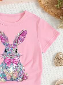 Light Pink Summer Cute Graphic School Girls Basic Short T-Shirt,Kawaii Colorful Glitter Cartoon Rabbit Pink Bow Decor Print Casual Comfortable Top - Pink - View 5