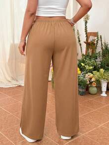 SHEIN EZwear 大码女式纯色简约直筒休闲裤 - 卡其色 - 查看 2