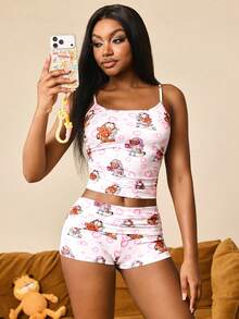 GARFIELD | SHEIN Conjunto de pijama de camiseta de tirantes y pantalones cortos con estampado de dibujos animados para mujer - Blanco - Ver 8