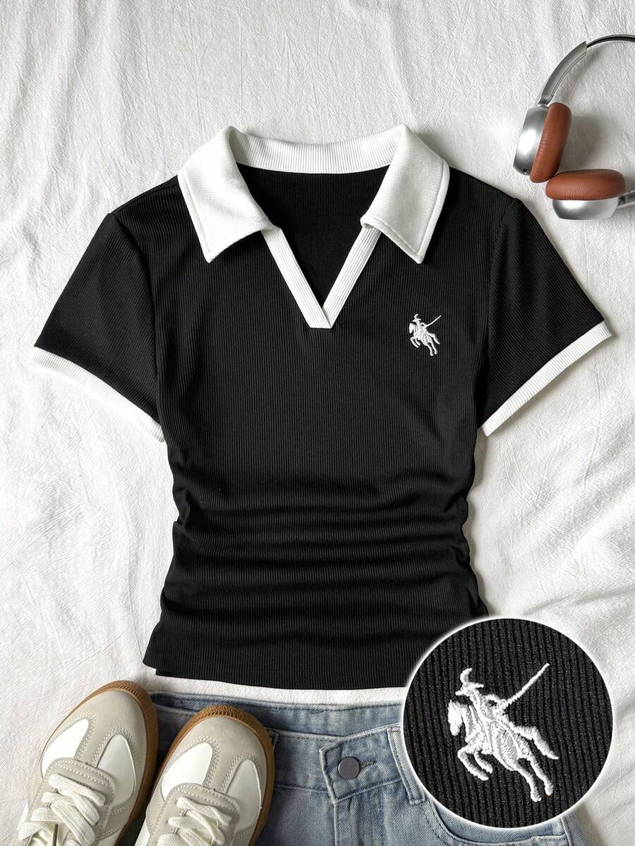 SHEIN Tween Girls Casual Knit Contrast Color Block Crew Neck Fitted T-Shirt With Small Logo Embroidery, Suitable For Spring/Summer Back To School - Black and White - View 1