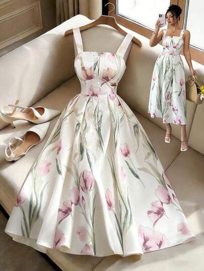 Elenzga Vestido largo con estampado floral para mujer, con tirantes anchos, espalda fruncida y silueta en línea H. Vestidos elegantes para mujeres, atuendos de playa de vacaciones para mujeres, vestido casual para mujeres, boda