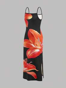 SHEIN Tween Girl Tween Girls' Casual Vacation Black Tropical Floral Print Slit Hem Dress - Black - View 3