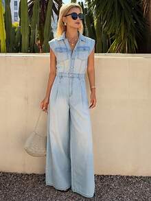 DAZY Women's Collared Sleeveless Waist Cinching Casual Denim Jumpsuit And Overalls - Light Wash - View 3