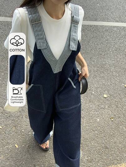 DAZY 女士深V领条纹吊带拼接无袖宽松休闲牛仔连体裤