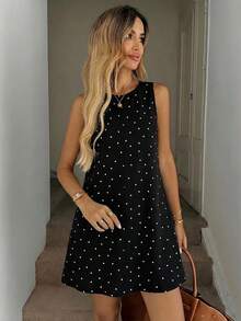 SHEIN LUNE 女士休闲无袖A字连衣裙，带绗缝口袋，优雅度假装扮，复古奢华风格 - 彩色 - 查看 5