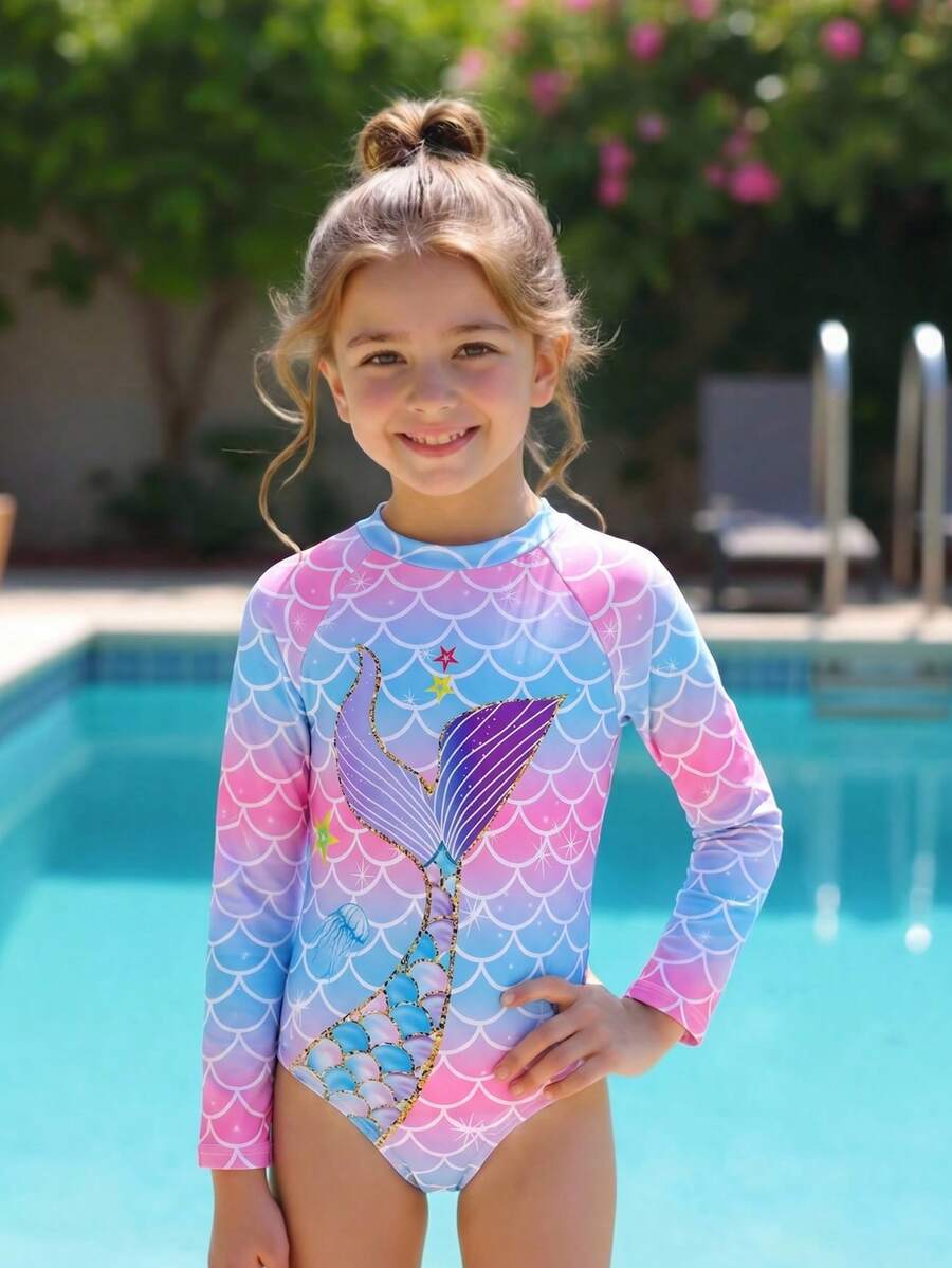 SHEIN 女童炫彩鱼鳞鱼尾印花弹力速干舒适针织连体泳衣，适合海滩、泳池、海边、冲浪、度假、夏季、旅行、假日等场合。 - 彩色 - 查看 1