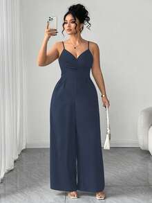 Elenzga Fashionable Casual Romantic Retro Elegant V-Neck Waist Cinched Jumpsuit For Commuting - Navy Blue - View 3