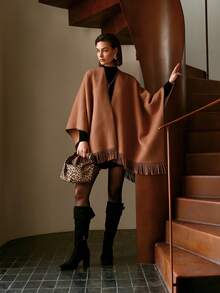 PREMIUM Abrigo oversize con mangas tipo murciélago y ribete de flecos de lana - Camel - Ver 9