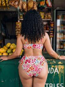 Swim Mod Plus Size Women Floral Print 2pcs Spaghetti Strap Tie Front Triangle Bikini Swimwear - Multicolor - View 2